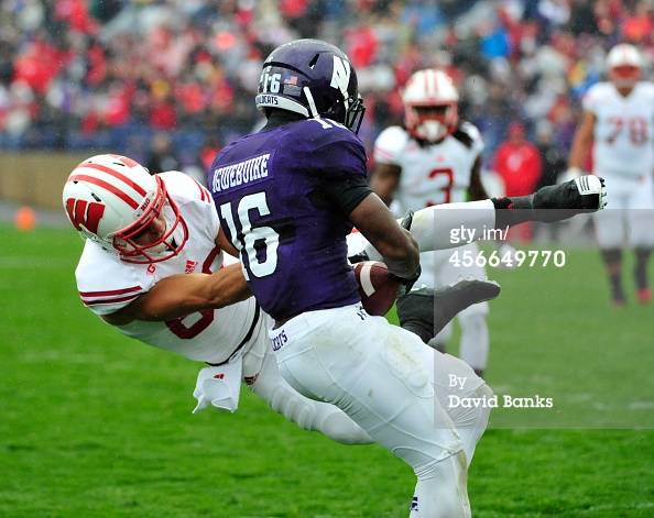 Godwin Igwebuike intercepted three passes in his first career start, leading Northwestern to an upset victory over Wisconsin. Photo credit: David Banks, Getty Images.