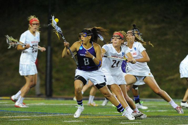 Northwestern Kara Mupo and Maryland's Taylor Cummings battled at last year's Final Four, and they'll go at it again tonight. Cummings ranks among the NCAA leaders in draw controls, while Mupo is coming off a five-goal game against Syracuse. Photo credit: Greg Wall.