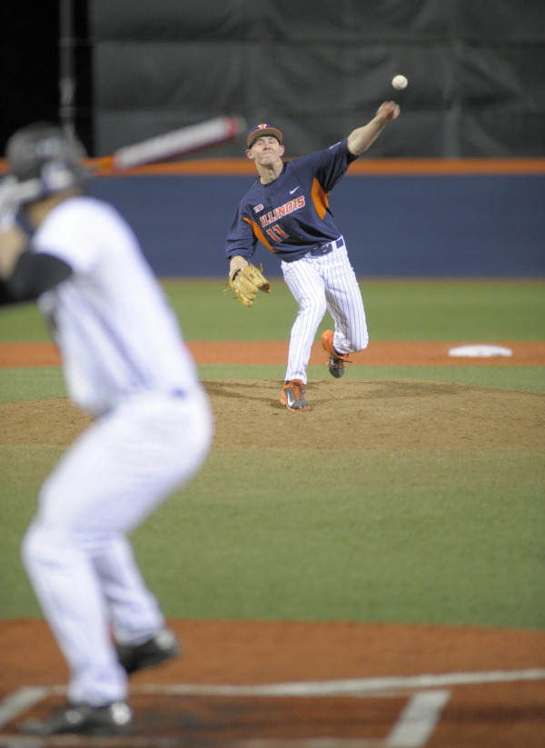 Illinois closer Tyler Jay is considered a first-round draft pick by many. Jay (shown here pitching to a blurry Northwestern batter) and the Illini advanced to the Super Regionals, one of two Big Ten teams among baseball's final 16. Photo credit: Illinois athletics.